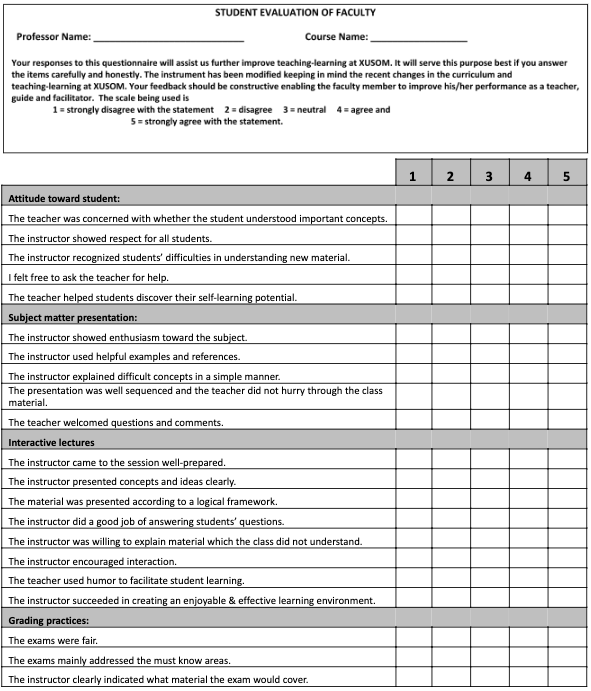 Page 1 of Student Evaluation form