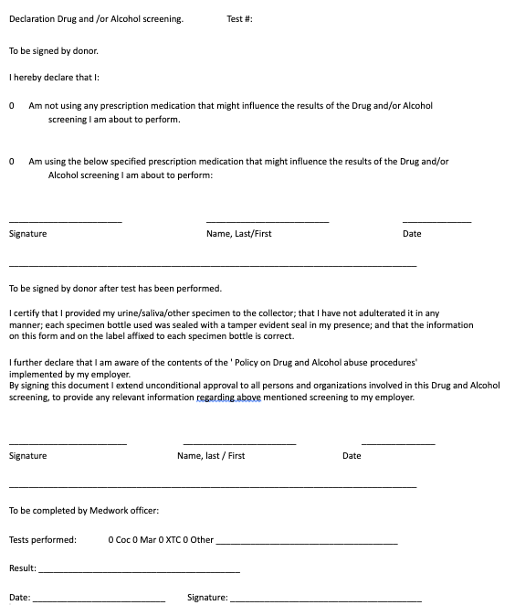 Declaration Drug and/or Alcohol Screening form